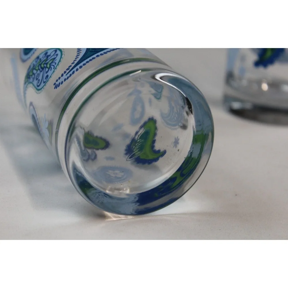 Vtg CRISA Libbey Blue Green Paisley 2 Drinking Glasses Tumblers 6